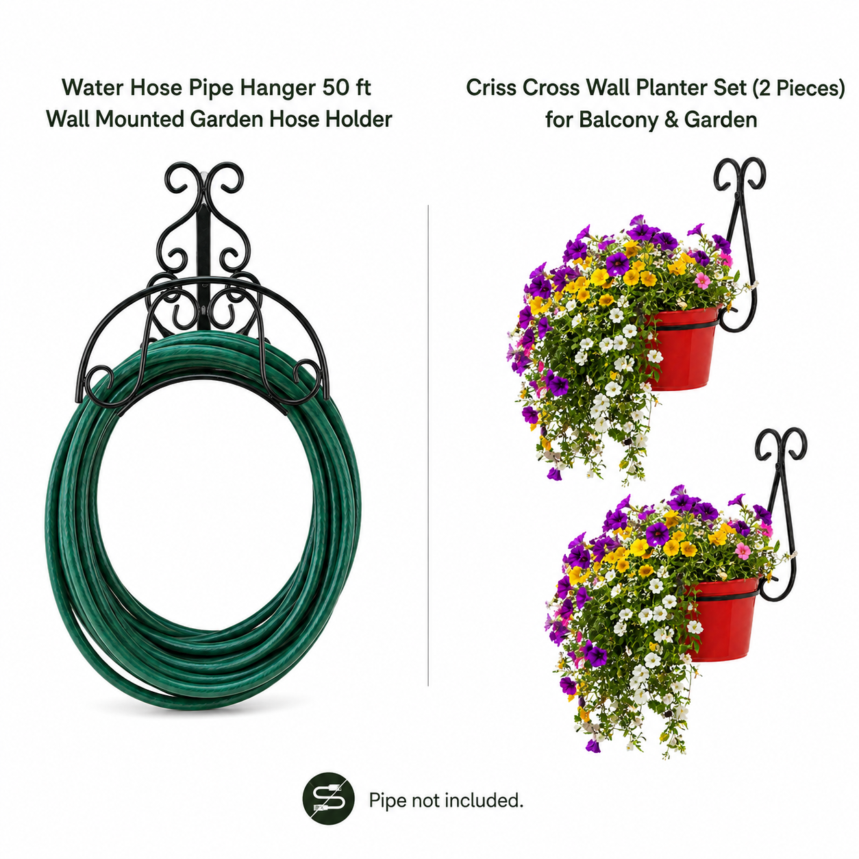 Water Hose Pipe Hanger (70ft) + Criss Cross Wall Planter Set (2pc) — Garden Bundle 1