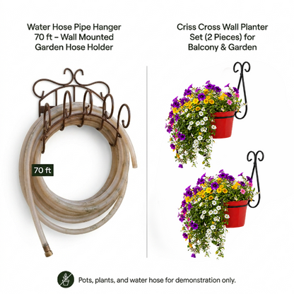 Water Hose Pipe Hanger (70ft) + Criss Cross Wall Planter Set (2pc) — Garden Bundle 2