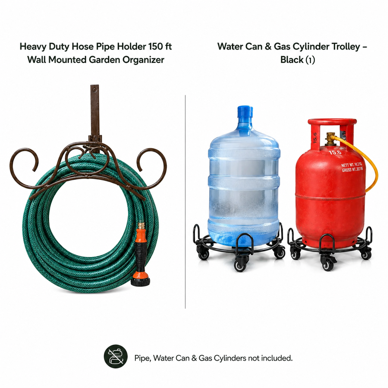 Heavy Duty Hose Pipe Holder (150ft) + Water Can & Gas Cylinder Trolley — Garden Bundle 3