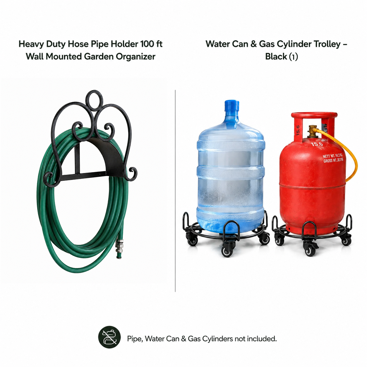 Heavy Duty Hose Pipe Holder (100ft) + Water Can & Gas Cylinder Trolley — Garden Bundle 4