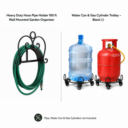 Heavy Duty Hose Pipe Holder (100ft) + Water Can & Gas Cylinder Trolley — Garden Bundle 4