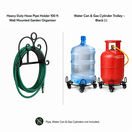 Heavy Duty Hose Pipe Holder (100ft) + Water Can & Gas Cylinder Trolley — Garden Bundle 4