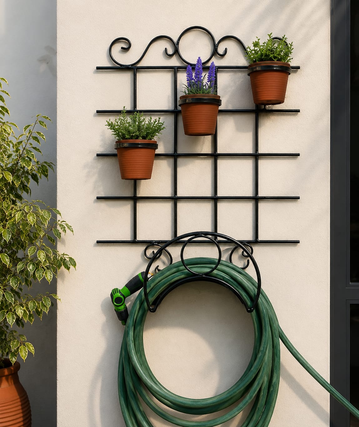 Garden Hose Holder with Planter Grid – Black