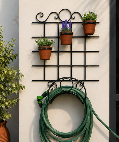 Garden Hose Holder with Planter Grid – Black